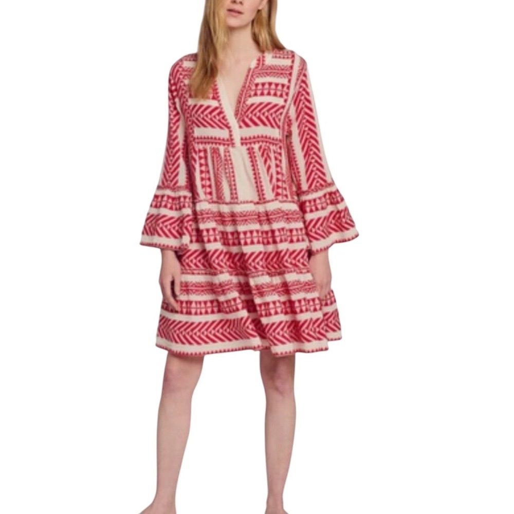 Anthropologie Devotion Twins Ella Red White Geometric Tiered Tunic Dress XS‎